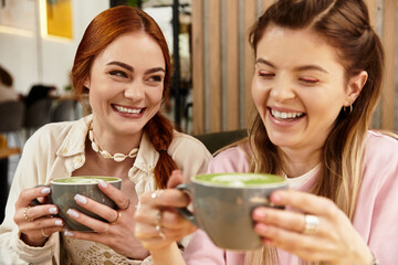 Joyful moments shared by friends in a modern cafe over warm beverages