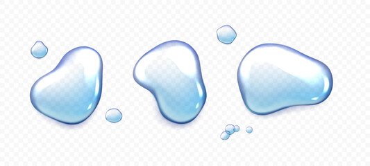 Liquid water drops isolated on transparent background. Clear droplets of pure aqua, blue cosmetic serum or gel. Vector realistic set isolated