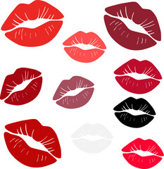 Kisses collection. Lipstick kiss prints. Isolated vector clipart.