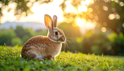 Obraz premium Brown Rabbit in Golden Sunset Meadow