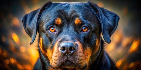 Fototapeta premium Close-up macro reveals a Rottweiler's expressive eyes, short tail, and the rich texture of its dark coat.