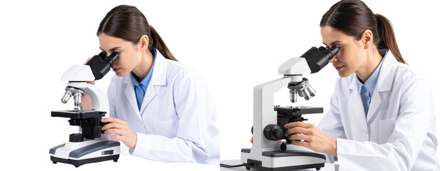 Young female scientist examining sample under microscope in bright lab isolated on transparent background PNG