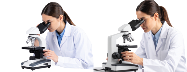 Young female scientist examining sample under microscope in bright lab isolated on transparent background PNG