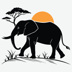 An elephant walking at sunset silhouette design vector art and illustration