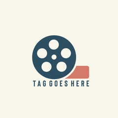 A modern company logo featuring a monochrome film roll icon includes clean sans-serif typography placed over a bright background. Ideal for businesses in the film, video production, media, or creative