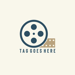A modern company logo featuring a monochrome film roll icon includes clean sans-serif typography placed over a bright background. Ideal for businesses in the film, video production, media, or creative