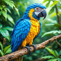 Obraz premium A stunning representation of a blue and yellow macaw perched gracefully on a branch amidst a lush green background