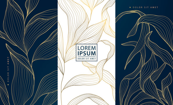 Vector gold label box, leaves floral wine design, vip perfume royal package. Leaf template, beauty, jewelry, gift cards, banners - Powered by Adobe