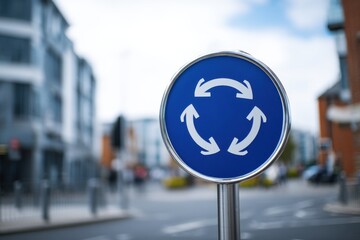 Blue circular mandatory roundabout sign with arrows