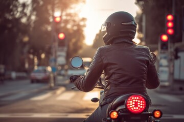 Motorcycle rider waiting at red light intersection
