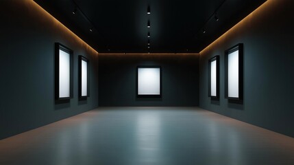 Empty room with a long, empty floor and a high ceiling with recessed lighting. the walls are painted in a dark grey color and the floor is made of concrete.
