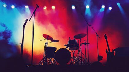 concert stage on rock festival, music instruments silhouettes, colorful background