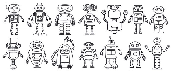 Quirky robot futuristic characters doodle line art collection isolated on white background © Mykola Syvak