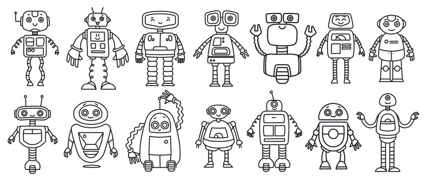 Quirky robot futuristic characters doodle line art collection isolated on white background