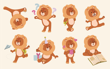 Cute playful lion little student character in different poses enjoying studying process isolated set