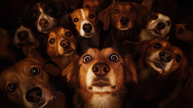 A pack of dogs, wide-eyed and curious, crammed together in the dark
