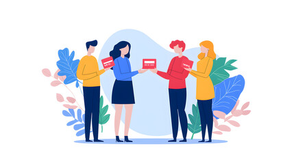 Obraz premium Four people exchanging cards in a colorful, modern illustration, surrounded by leaves, symbolizing collaboration and communication.