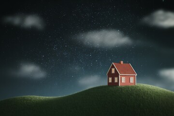 A Serene Nighttime Scene Featuring a Miniature Red House on a Hilltop