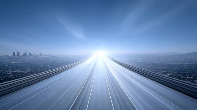 Road to the horizon: a road stretches into the horizon with cityscape under clear blue sky, symbolizing a journey towards a destination. The shot evokes a sense of aspiration and potential.