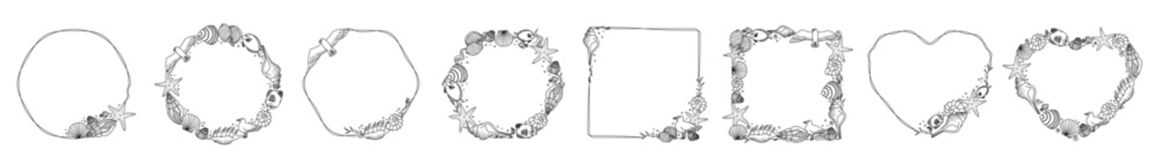 Marine frames collection with shells, seagulls and underwater stars decorative design elements