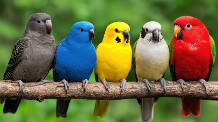 Five Colorful Parrots Perched on a Branch