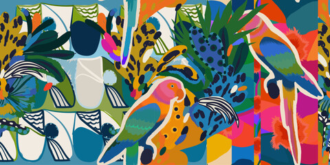 Exotic abstract hand drawn pattern with parrots. Colorful dynamic contemporary seamless pattern. Quirky unique print.
