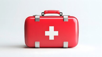 Fototapeta premium Red first aid kit case medical emergency supplies