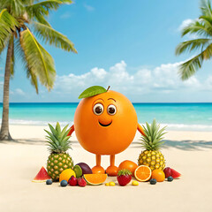 Joyful Orange Character on Tropical Beach with Assorted Fruits