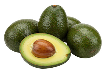 Isolated Group of Fresh Avocados with Cut Half Showing Seed
