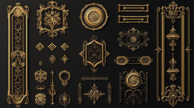 Elegant decorative gold ornate elements on a black background for design projects - Powered by Adobe