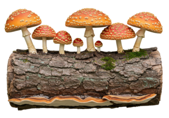 Isolated Fly Agaric Mushrooms on a Fallen Log