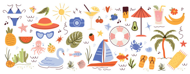 trendy, tropical fruits, desserts, summer elements. naive, summer set, isolated figures on a white background. minimalist, childish, naive style. for print, banners, social networks, and businesses. a