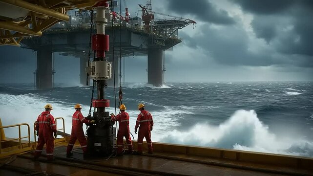 Dramatic footage of an offshore oil rig battling rough seas and stormy weather conditions