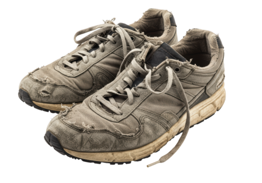 Worn athletic shoes with frayed edges and faded color, perfect for casual or vintage style