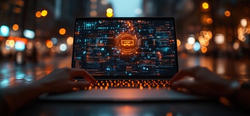 Laptop screen displaying futuristic code