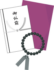 数珠と香典袋と袱紗（仏具）のイラストです。
