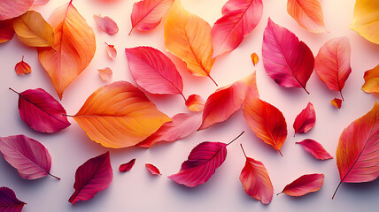 Beautiful autumnal leaves displaying vivid red orange and pink hues against a soft background