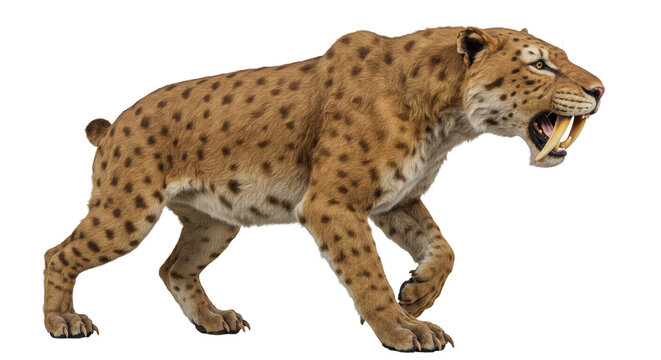 Fierce saber-toothed cat walking in a natural habitat during the prehistoric period