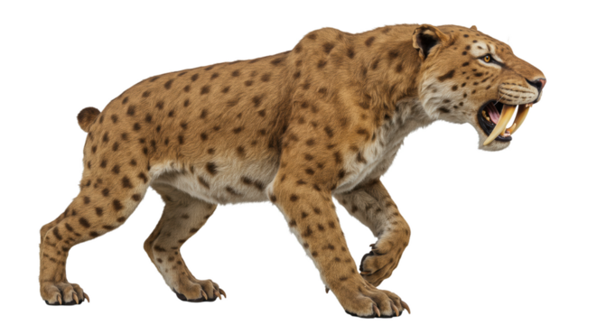Fierce saber-toothed cat walking in a natural habitat during the prehistoric period - Powered by Adobe