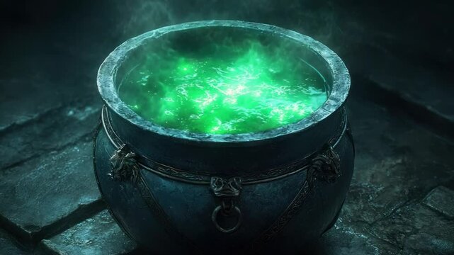 Dark, mystical cauldron with glowing green liquid