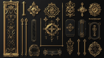 Elegant gold ornament collection featuring ornate frames, decorative elements, and architectural details