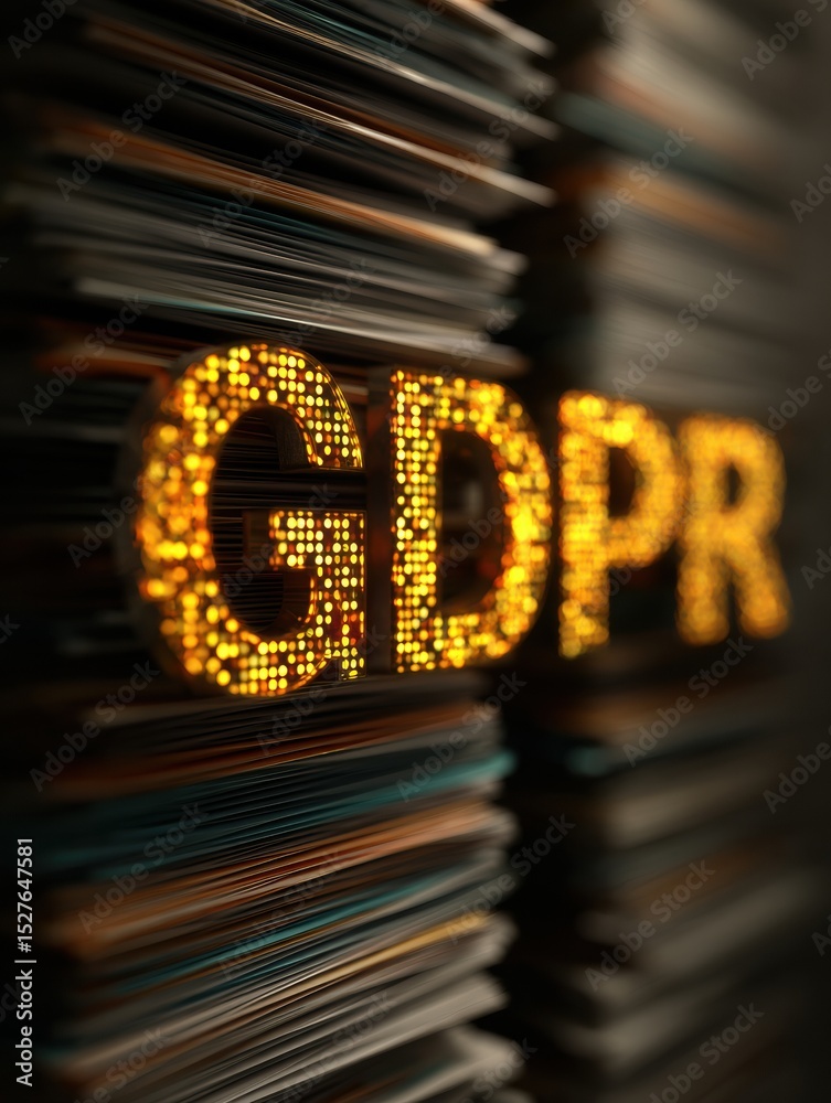 Poster GDPR Text Illuminated Over Rows of Layered Data Files Highlighting Data Protection Importance