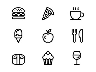 Icons of Food and Drink Items in Outline Style Set