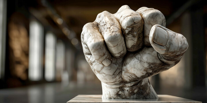 Extreme close-up, detailed sculpture of a marble fist of a human hand on a pedestal, symbolizing strength, determination, unity and human rights. Generative Ai.