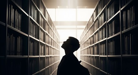Knowledge Seeker in the Library: A silhouetted figure gazes upward with wonder amidst towering bookshelves, suggesting a journey into the world of literature.