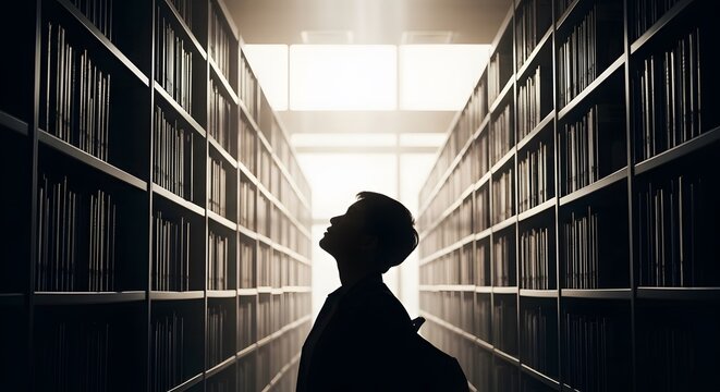 Knowledge Seeker in the Library: A silhouetted figure gazes upward with wonder amidst towering bookshelves, suggesting a journey into the world of literature.