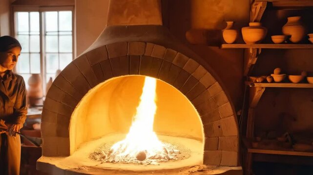 Potter tending a blazing fire in a brick kiln inside a workshop full of handmade pottery, traditional craft and artistry, warm atmosphere