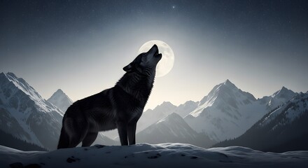 Wolf Howling at Moon: A lone wolf raises its head to the night sky, letting out a mournful howl under the silvery glow of the full moon, set against a backdrop of majestic snow-covered mountains.
