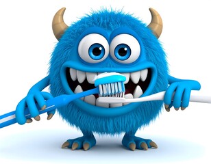Playful Blue Furry Monster Brushing Teeth