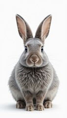 A fluffy gray rabbit with large ears sits upright. The rabbit has a round face and soft fur, showcasing its gentle features.